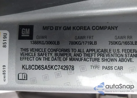 2019 Chevrolet Spark 1Lt Cvt из США, поврежденный, VIN KL8CD6SA5KC742978